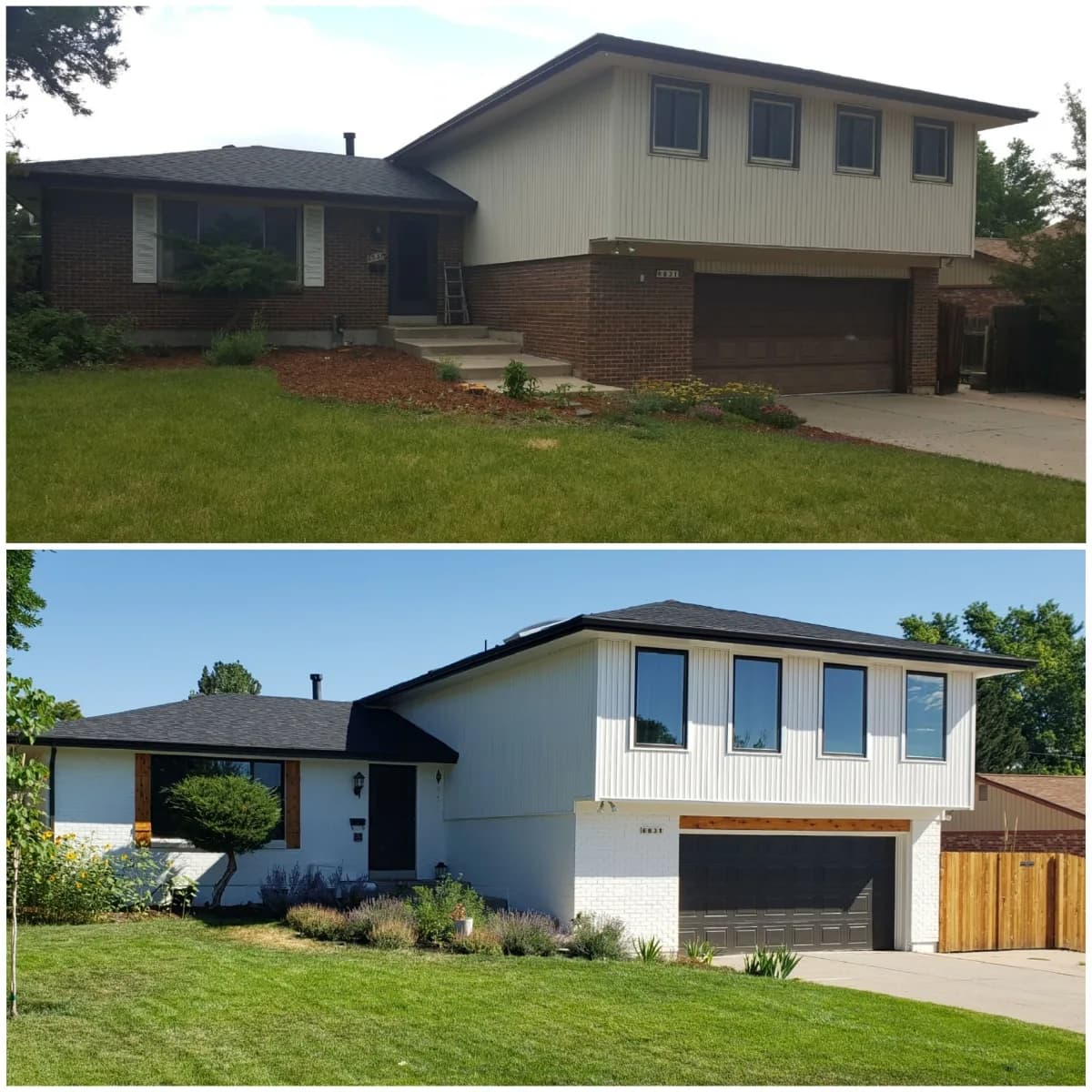 Before and after of a split-level home: dated brown and tan brick on top, crisp white siding with black trim below