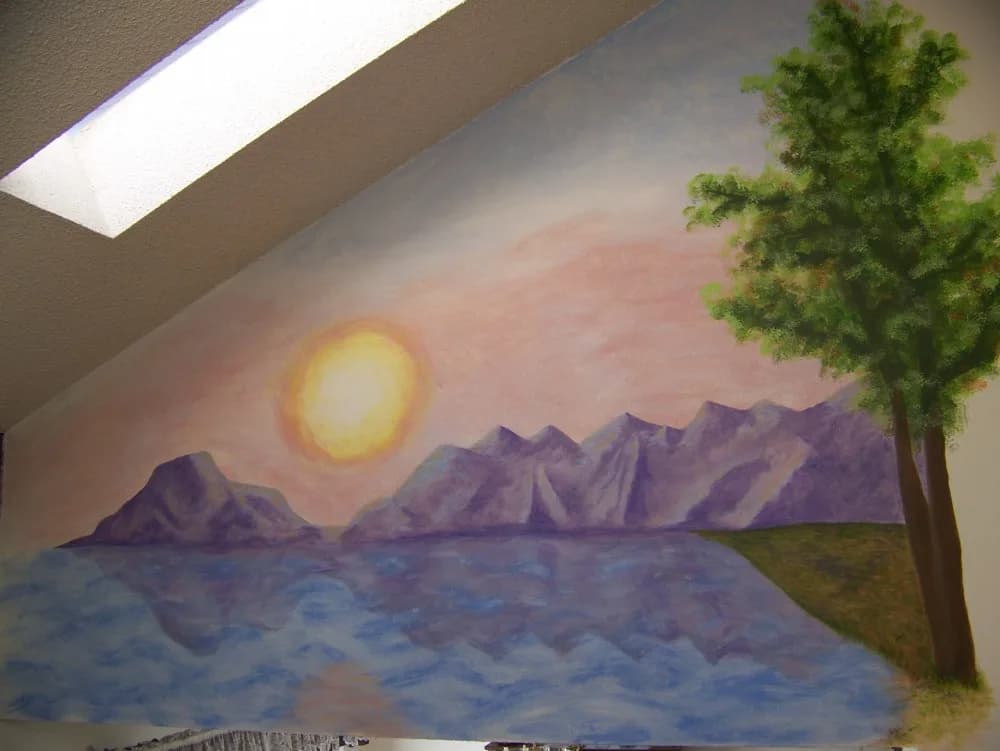 Hand-painted mountain sunset landscape mural panel